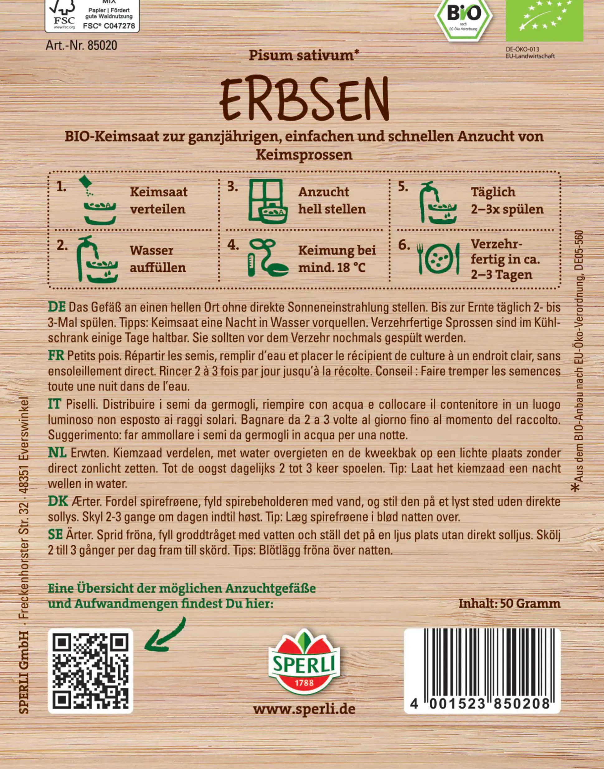 Sperli BIO Keimsprossen-Saat Erbsen