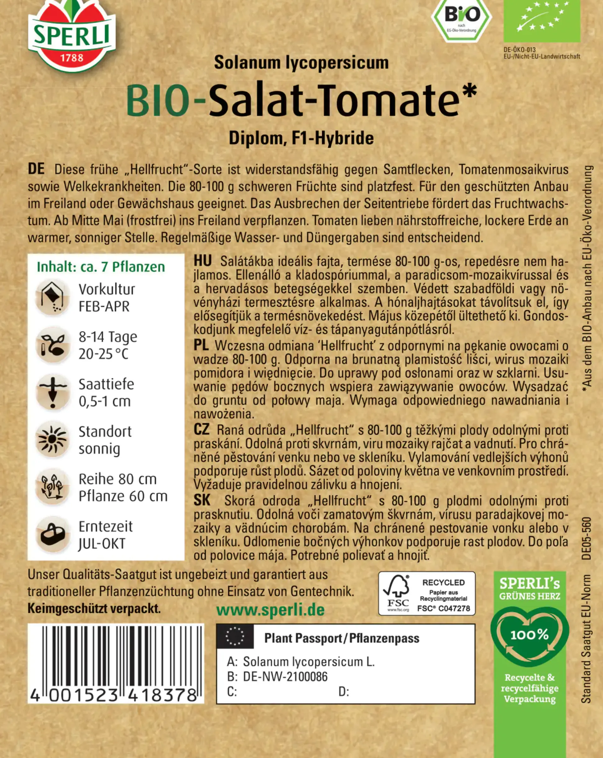Sperli BIO Salat-Tomate Hellfrucht F1