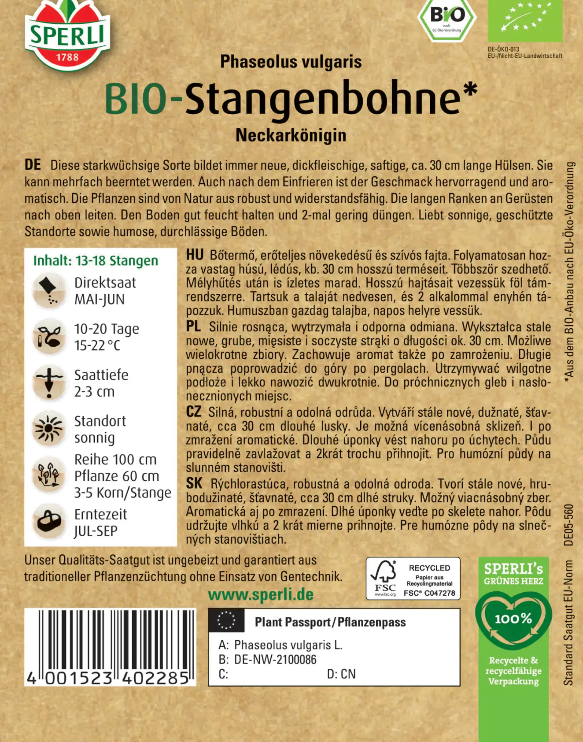 Sperli BIO Stangenbohne