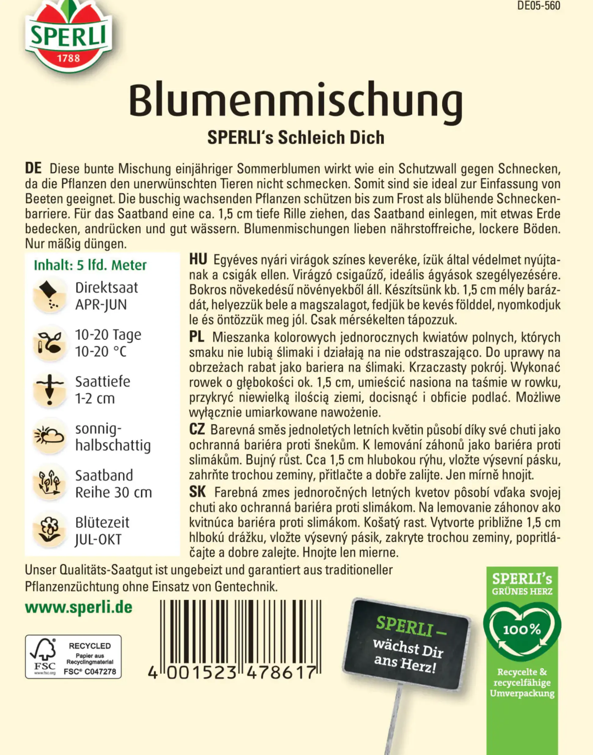 Sperli Blumenmischung Blühende Schneckenbarriere SPERLI's Schleich Dich Saatband