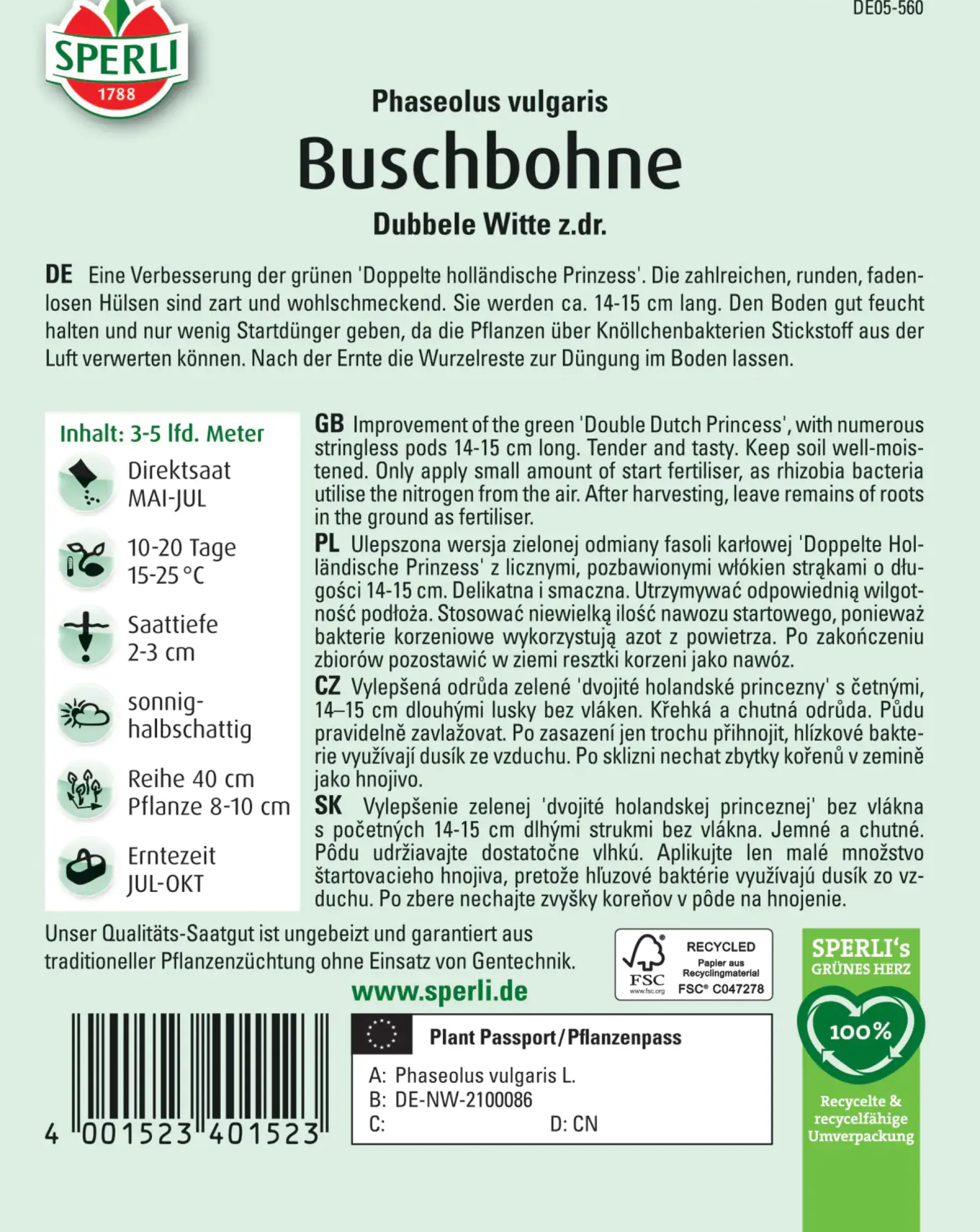 Sperli Buschbohne Dubbele Witte z.dr.