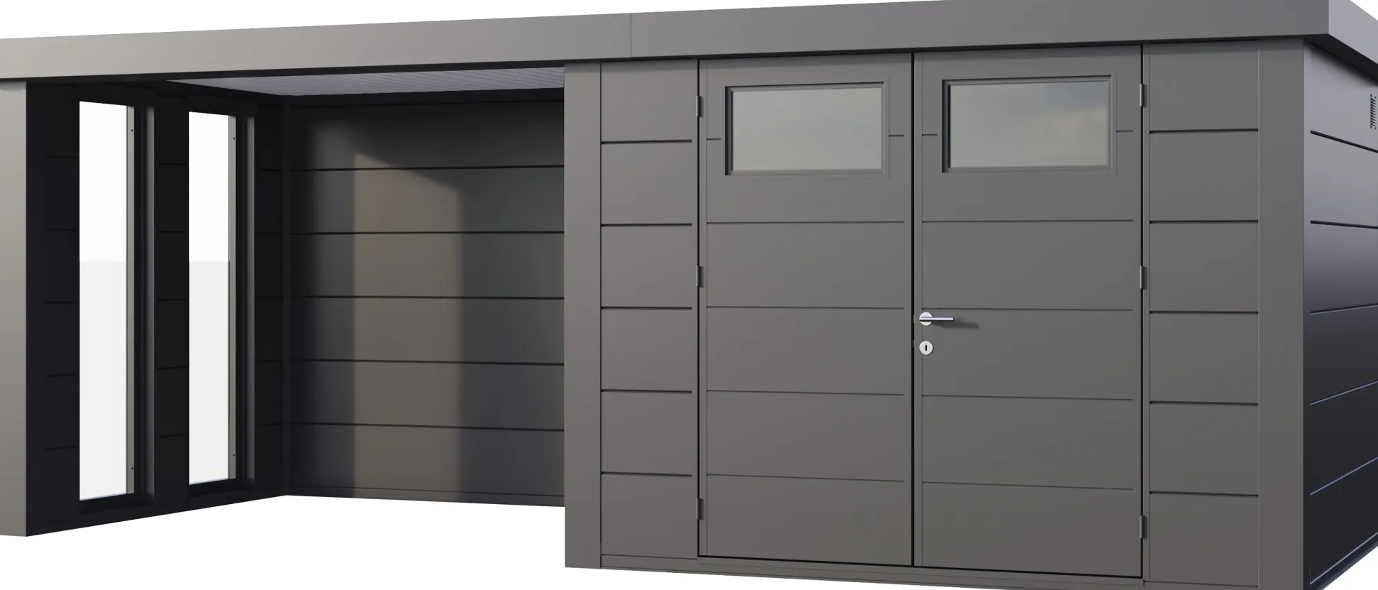 Telluria Gerätehaus Classico Lounge S mit Fenstern 3024 links granitgrau 582 x 238 cm
