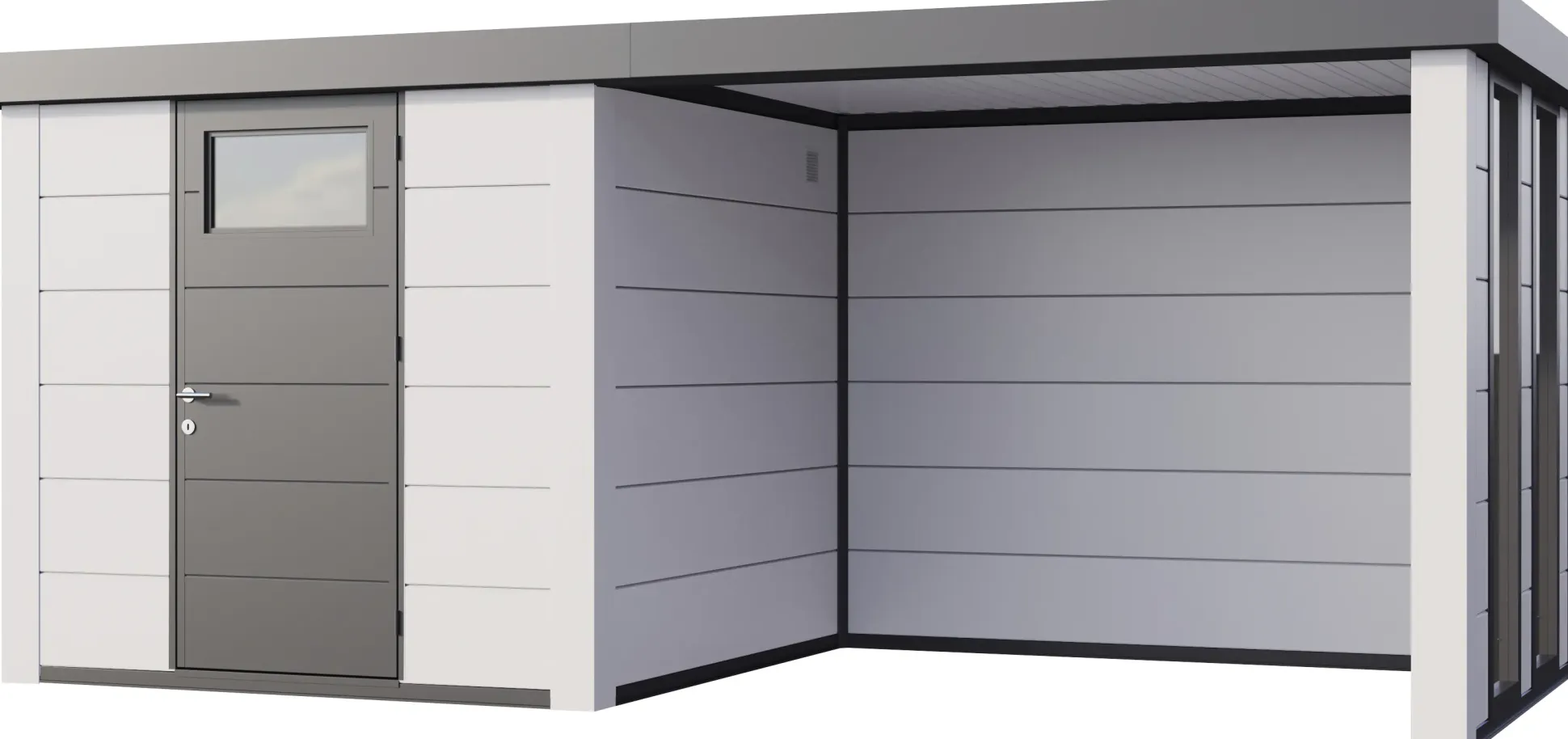Telluria Gerätehaus Classico Lounge S mit Fenstern 2424 rechts EW weiß 522 x 238 cm