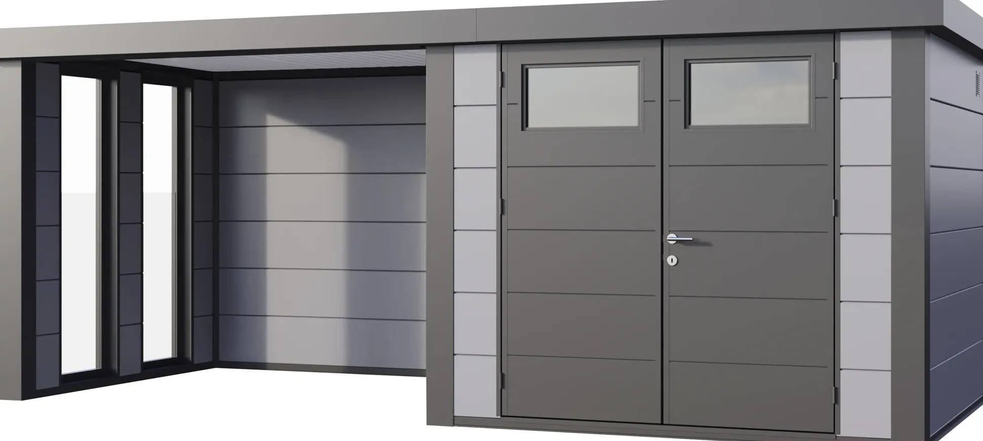 Telluria Gerätehaus Classico Lounge S mit Fenstern 2724 links lichtgrau 552 x 238 cm