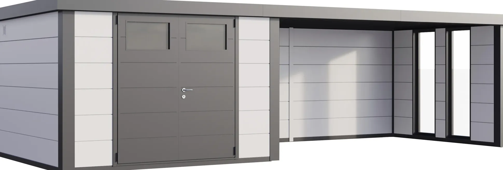 Telluria Gerätehaus Classico Lounge XL mit Fenstern 3030 rechts weiß 762 x 298 cm
