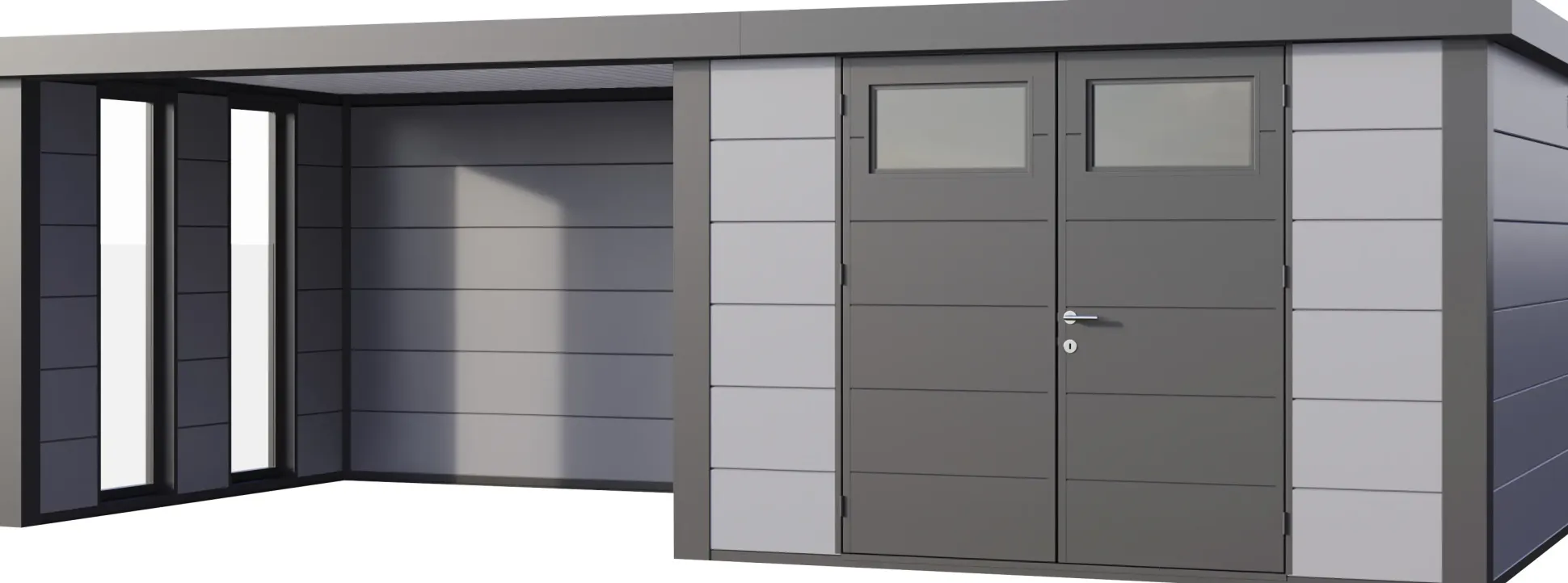 Telluria Gerätehaus Classico Lounge L mit Fenstern 3330 links lichtgrau 672 x 298 cm
