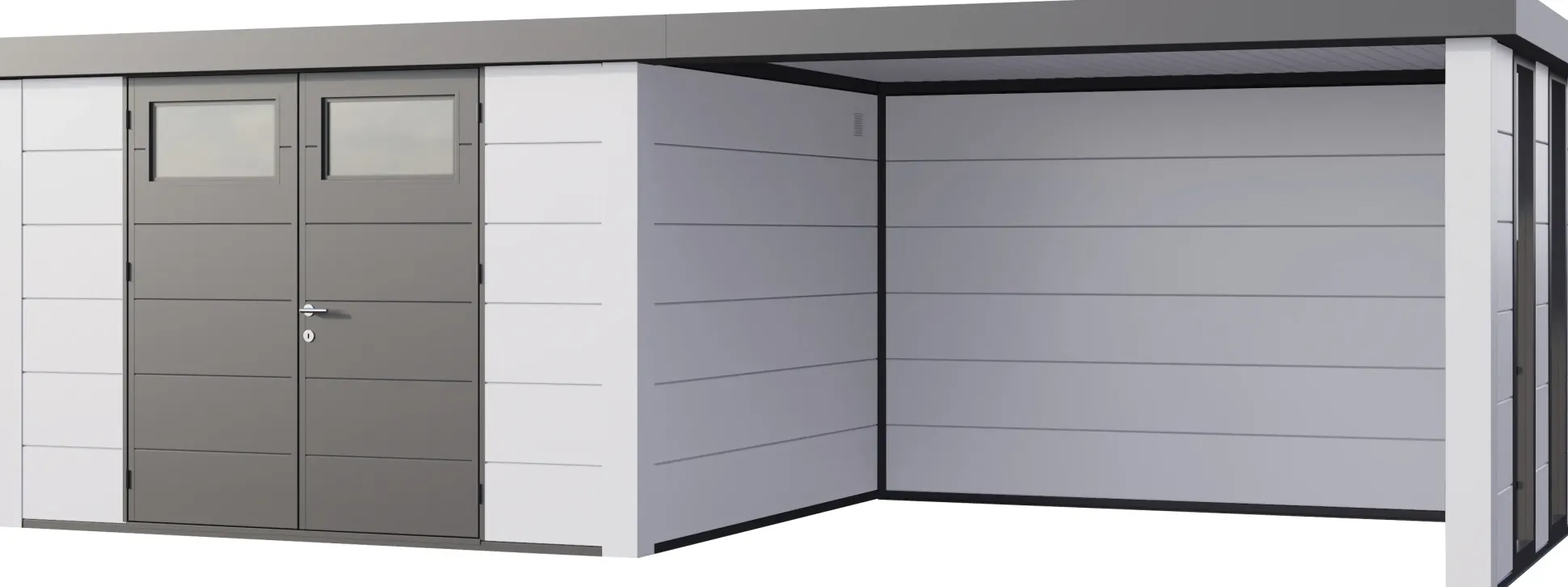 Telluria Gerätehaus Classico Lounge XL mit Fenstern 3330 rechts EW weiß 792 x 298 cm