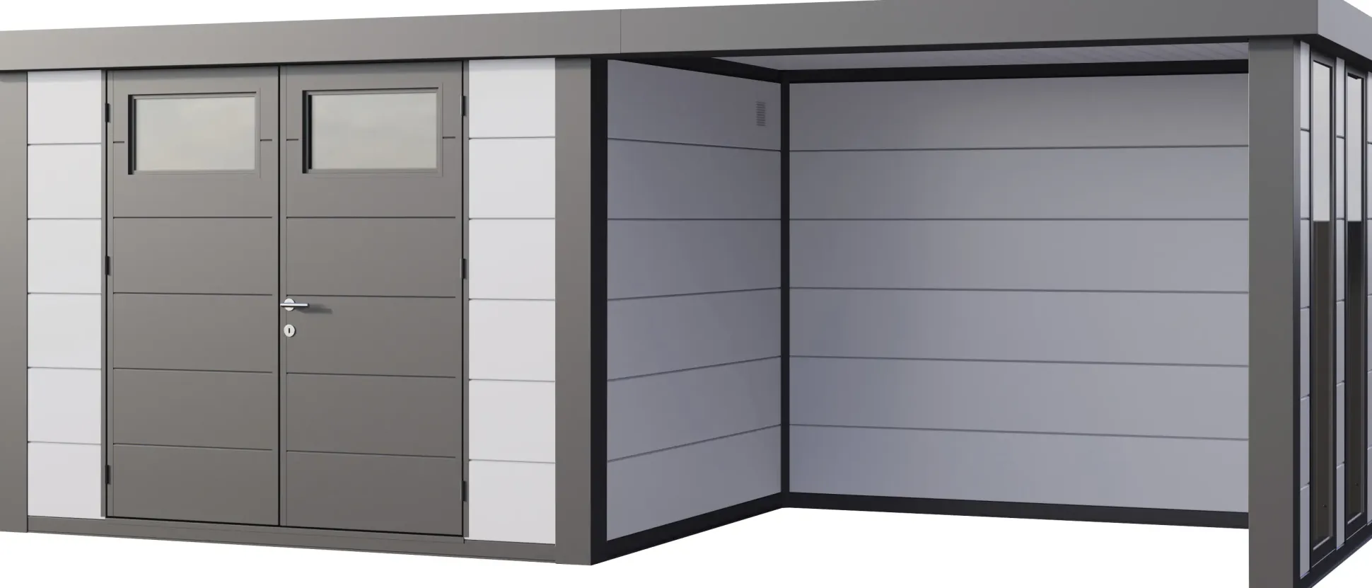 Telluria Gerätehaus Classico Lounge S mit Fenstern 3024 rechts weiß 582 x 238 cm