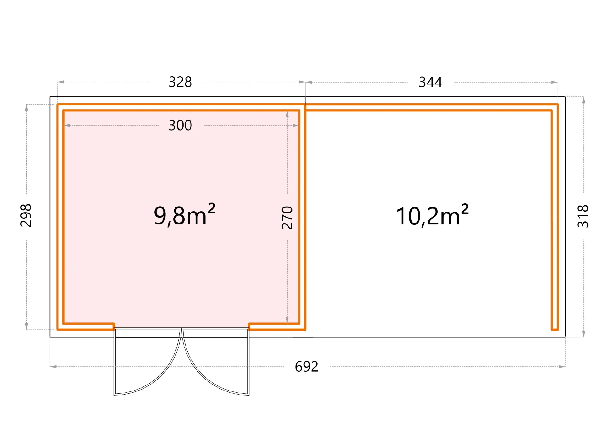 Telluria Gerätehaus Classico Lounge L 3330 rechts lichtgrau 672 x 298 cm