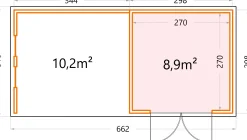 Telluria Gerätehaus Classico Lounge L mit Fenstern 3030 links weiß 642 x 298 cm