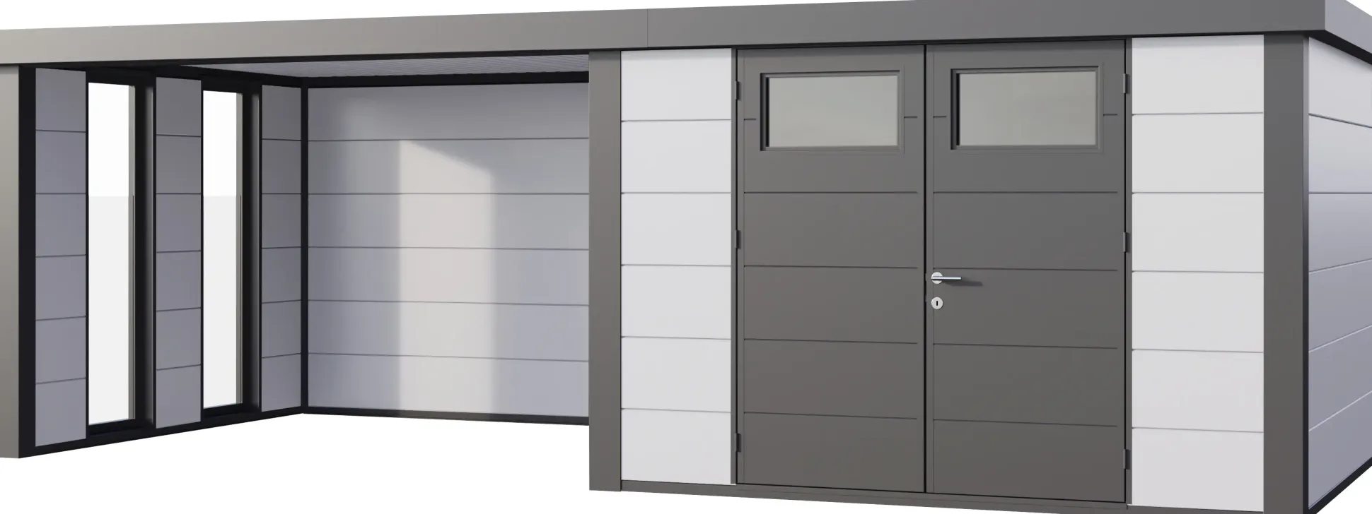 Telluria Gerätehaus Classico Lounge L mit Fenstern 3030 links weiß 642 x 298 cm
