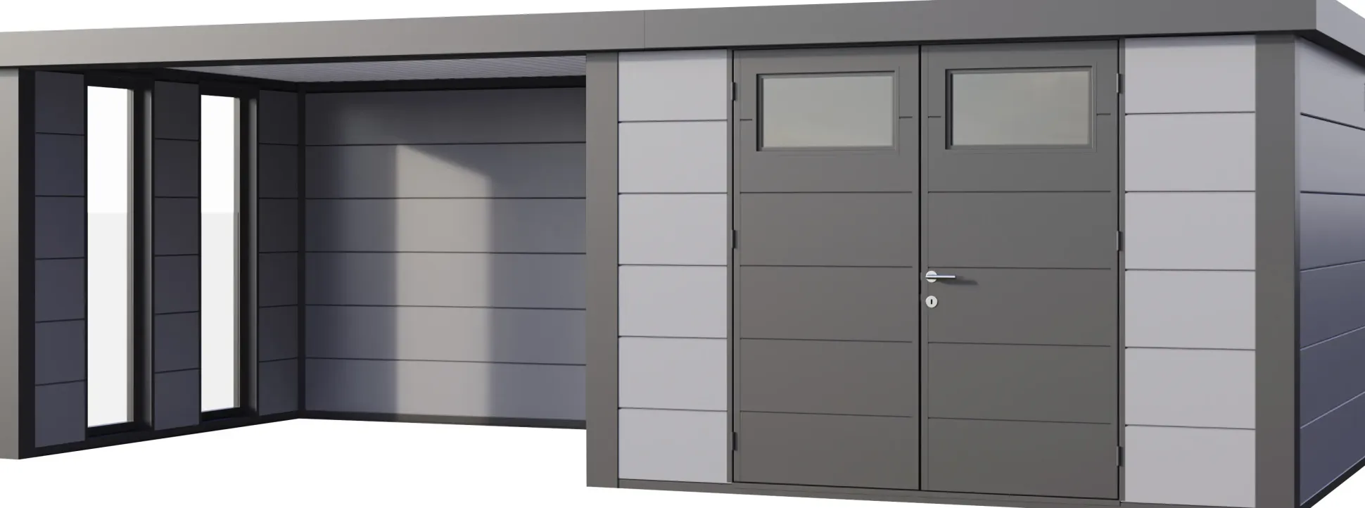 Telluria Gerätehaus Classico Lounge XL mit Fenstern 3330 links hellgrau 792 x 298 cm