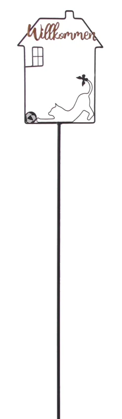 TrendLine Gartenstecker Haus Willkommen Katze Metall 115 x 18 cm schwarz