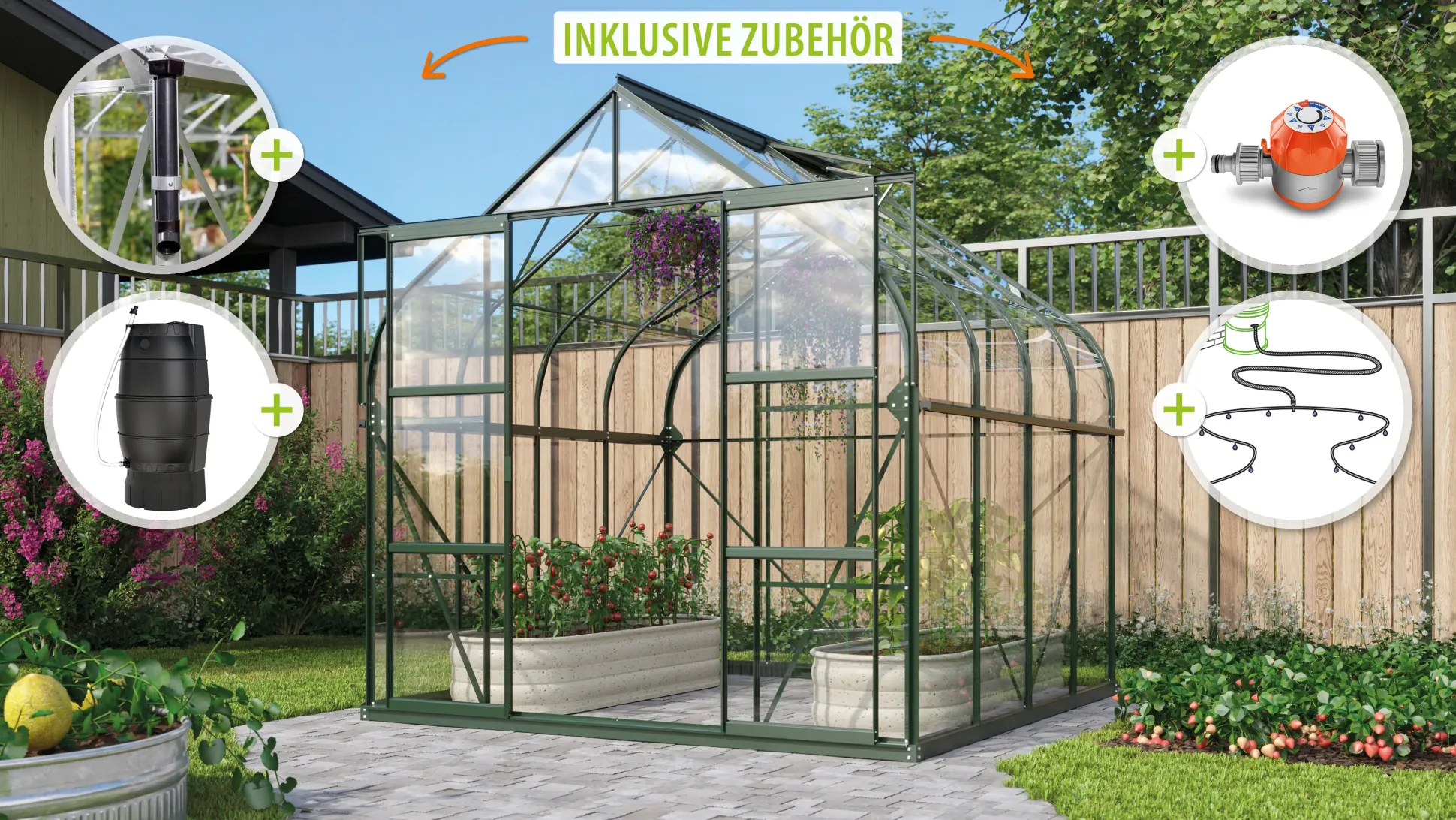 Vitavia Gewächshaus-Set Dione 6700 ESG 3 mm smaragd 254 x 254 cm