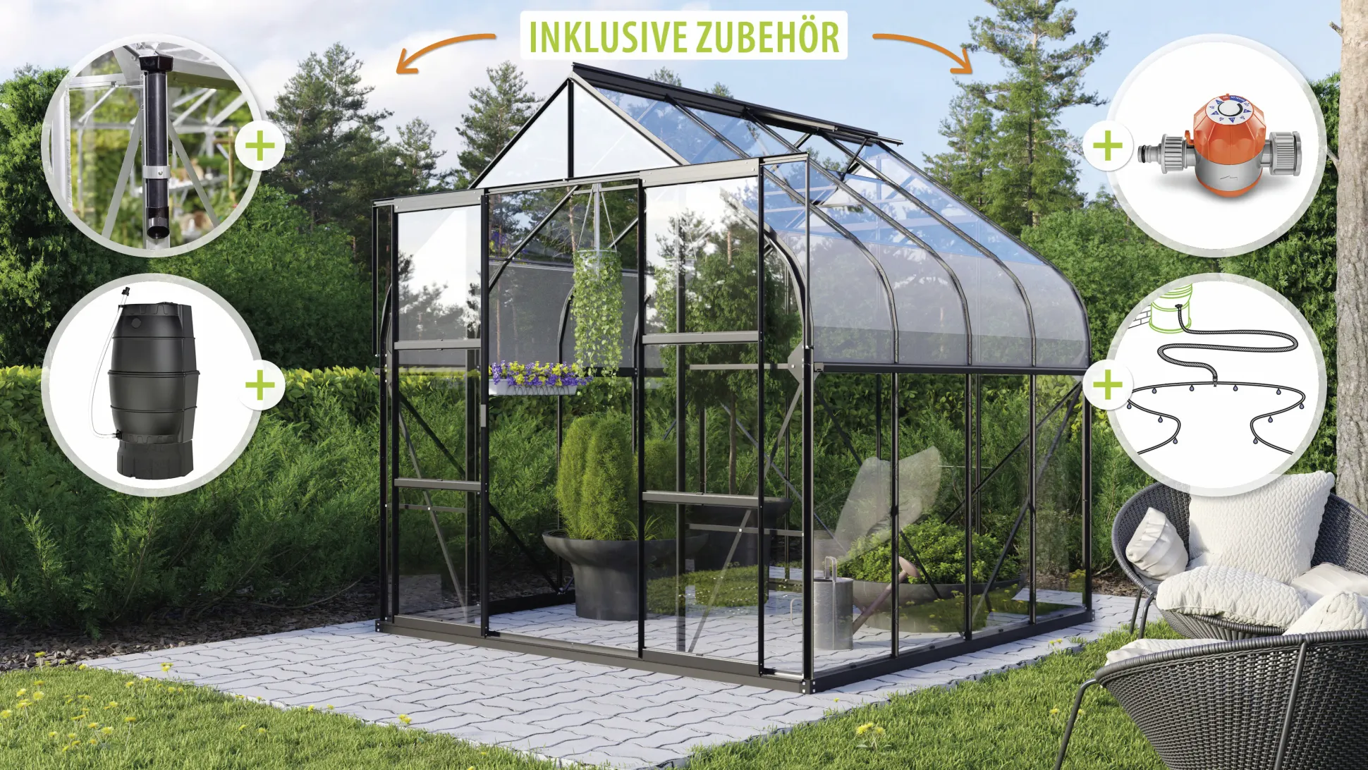 Vitavia Gewächshaus-Set Dione 6700 ESG 3 mm schwarz 254 x 254 cm