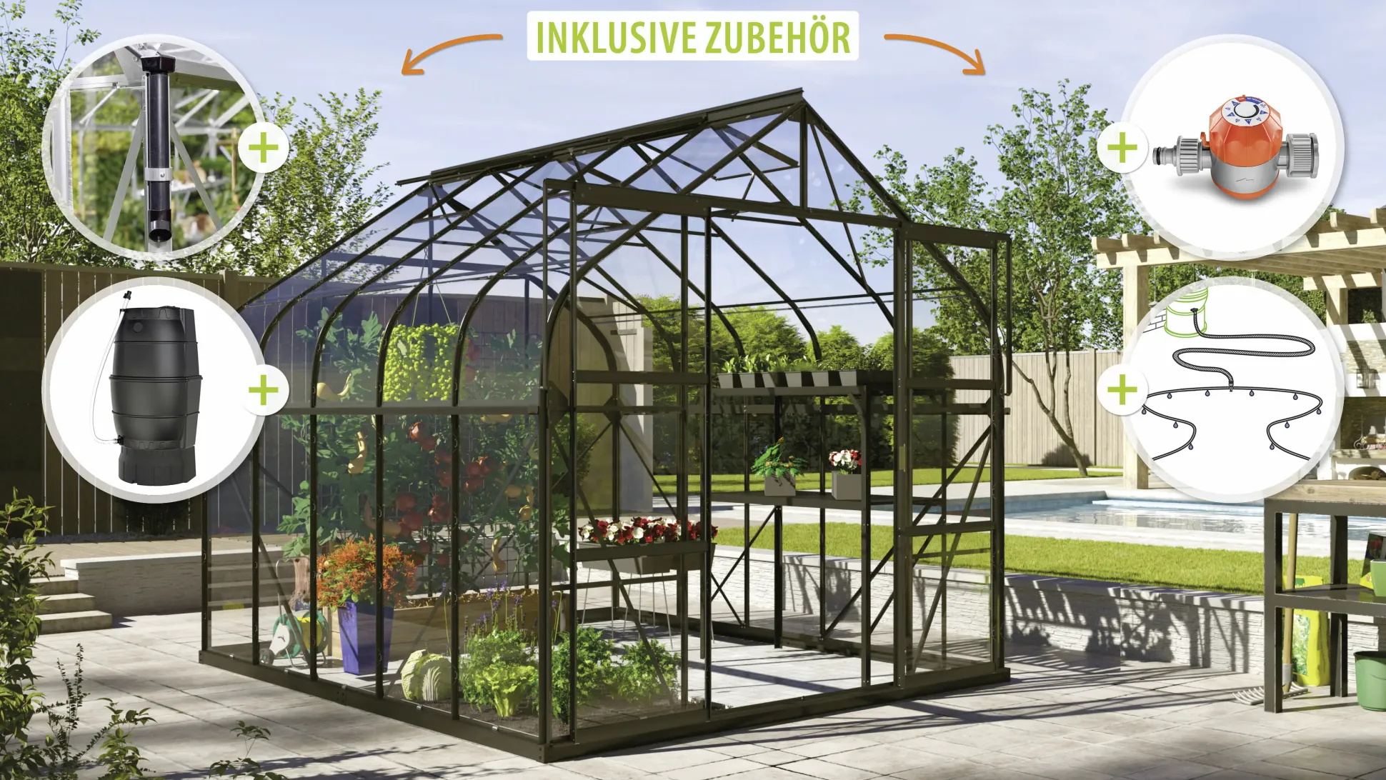 Vitavia Gewächshaus-Set Dione 8300 ESG 3 mm schwarz 254 x 317 cm
