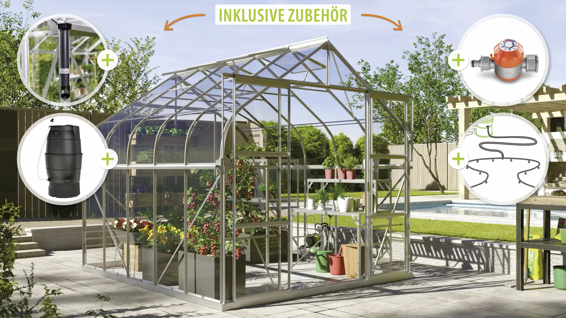 Vitavia Gewächshaus-Set Dione 8300 ESG 3 mm alu 254 x 317 cm