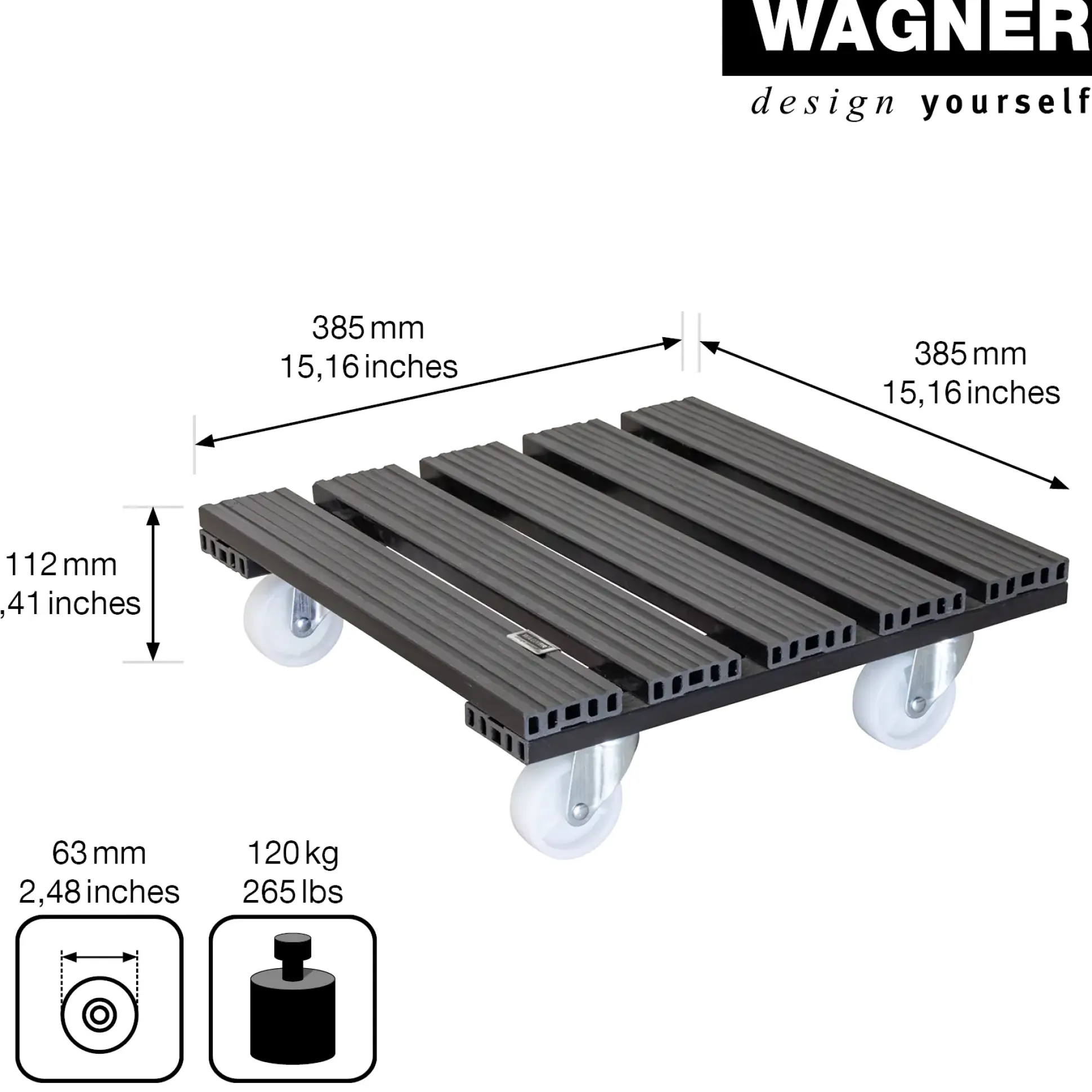 WAGNER Pflanzenroller WPC eckig 38,5 x 38,5 cm Tragkraft bis max. 120 kg